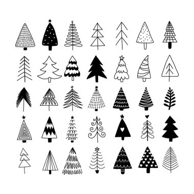 El çizimi Noel ağaçları. Tatil çağının modern geçmişi. Soyut karalama tahtası. Vektör sanatı illüstrasyonu