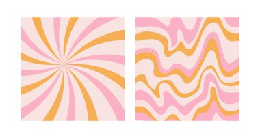 Eski moda baskılar seti. Moda tarzında arka planlar. Psikedelik tarzda çarpık ve çarpık vektör dokusu. Çarpıtmalı soyut poster. Minimalist sarı ve pembe sanat tasarımı.