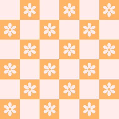 Pembe ve turuncu kareli arka planda papatya çiçekleri olan eski dama tahtası, kusursuz desen. Yüzey tasarımı için 70 'ler, 80' ler tarzında şirin renkli vektör illüstrasyonu