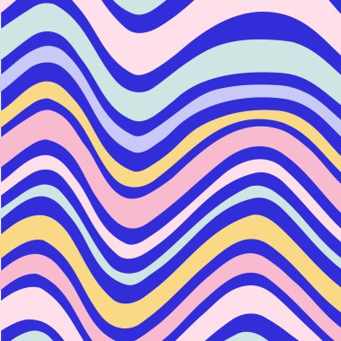 Soyut retro dalgalı sanat eseri 70 'lerin estetik vektör illüstrasyonu. Psikedelik modaya uygun bir model. Moda geçmişi. Yüzey tasarımı, duvar kağıdı, ambalaj kağıdı ve tekstil için eğlenceli moda dokusu.