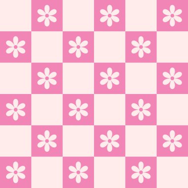 Pembe ve turuncu kareli arka planda papatya çiçekleri olan eski dama tahtası, kusursuz desen. Yüzey tasarımı için 70 'ler, 80' ler tarzında şirin renkli vektör illüstrasyonu