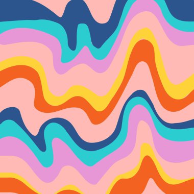 Soyut retro dalgalı sanat eseri 70 'lerin estetik vektör illüstrasyonu. Psikedelik modaya uygun bir model. Moda geçmişi. Yüzey tasarımı, duvar kağıdı, ambalaj kağıdı ve tekstil için eğlenceli moda dokusu.