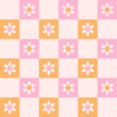 Pembe ve turuncu kareli arka planda papatya çiçekleri olan eski dama tahtası, kusursuz desen. Yüzey tasarımı için 70 'ler, 80' ler tarzında şirin renkli vektör illüstrasyonu