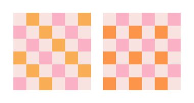 Checkerboard eski moda arka plan seti. Klasik Y2K tarzında geometrik pastel kare dokular. 70 'lerin hippileri. Ekose desenli arka planlar. Pembe ve sarı renkler.