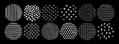 Circle textures with different hand-drawn patterns. Crosshatch, dots, lines, stippling texture. White doodle textures on a black background. Vector illustration