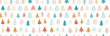 Noel ağacı desenli arka plan. Noel illüstrasyon el resimleri ambalaj kağıdı tasarımı, kış tatili dekorasyonu, modern parlak renkler, el çizimi vektör çizimi