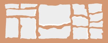 Gözyaşları, yırtık kenarları ve yırtık parçaları olan kağıt şeklinde. Grunge kaba tarzı dikdörtgen, kolaj ya da çıkartma için mükemmel. Düz vektör çizimleri arka planda izole edilir.