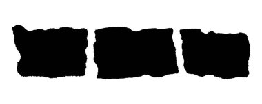 Bir dizi pürüzlü kağıt dokusu. Yırtık kenarlı siyah dikdörtgen şekiller. Boş parçalanmış metin kutusu, etiket, etiket, yama, kolaj ögesi şablonları beyaz arkaplan üzerinde izole. Vektör grafik illüstrasyonu