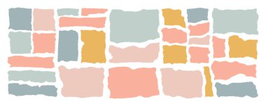 Pürüzlü şekiller, yırtık kağıt setler. Yırtık kenarlı dikdörtgen çerçeveler ve desenli grunge elementleri. Siluetler ve vektör illüstrasyonu arka planda izole edilmiştir. Pastel bej ve mavi renkler