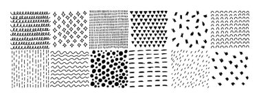 El çizimi dokusu ayarlandı. Vektör karalama, yatay ve dalga vuruşları koleksiyonu. Karalama şekilleri. Moda illüstrasyon. Grafik vektör freehand dokuları ayarlandı. Çizgiler beyaz arkaplanda izole edilir