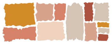 İzole edilmiş bir arkaplanda farklı renkte yırtık kağıt parçaları var. Metin için bej bir kağıt koleksiyonu kes. Tırtıklı dikdörtgenler. Stok vektör illüstrasyonu