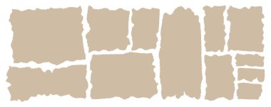 Yırtılmış kağıt dikdörtgen şekil çizimi. Bej rengi kolaj parçalarını kes, şerit çiz, kareli çarşafları kes. Kaligrafi kenarı, izole grunge başlık arkaplanı