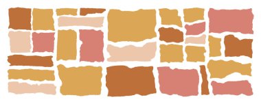 Yırtılmış kağıt dikdörtgen şekil çizimi. Bej ve kahverengi kolaj parçalarını, şeritleri, kare şeklinde kesilmiş çarşafları kes. Kaligrafi kenarı, izole grunge başlık arkaplanı