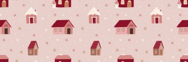 Şirin bir kış Noel İskandinav evi vektörünün kusursuz deseni. Kaprisli Holly Xmas soyut modern kızlık zeminine sahip. Mevsimsel kış tatili geometrik grafik tasarımı