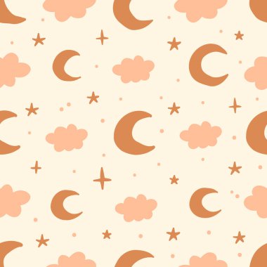 Bohem bebek kusursuz desen. Basit uyduları olan şirin bebek boho kusursuz desen. Çocukların kumaş ve bebek odası dekoru için yumuşak renkli evren yüzey tasarımı. Cinsiyet ayrımı yok. Vektör İllüstrasyonu