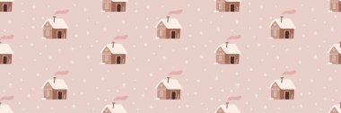 Şirin bir kış Noel İskandinav evi vektörünün kusursuz deseni. Kaprisli Holly Xmas soyut modern kızlık zeminine sahip. Mevsimsel kış tatili geometrik grafik tasarımı