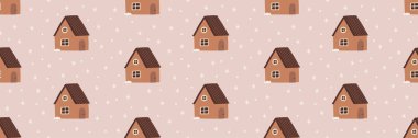 Şirin bir kış Noel İskandinav evi vektörünün kusursuz deseni. Kaprisli Holly Xmas soyut modern kızlık zeminine sahip. Mevsimsel kış tatili geometrik grafik tasarımı