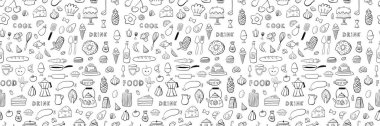Gıda ve içecek hatları kusursuz. El çizimi mutfak arka planı siyah beyaz renklerle çizilmiş. Vektör illüstrasyonu