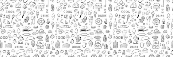 Food and drink outline seamless pattern. Hand drawn doodle kitchen background in black and white colors. Vector illustration