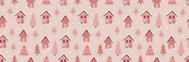 Güzel dekore edilmiş Noel ağacı orman evi partisi çelenk vektörünün pürüzsüz deseni. Kaprisli Holly Xmas soyut modern kızlık zeminine sahip. Mevsimsel kış tatili geometrik grafik tasarımı