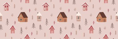 Güzel dekore edilmiş Noel ağacı orman evi partisi çelenk vektörünün pürüzsüz deseni. Kaprisli Holly Xmas soyut modern kızlık zeminine sahip. Mevsimsel kış tatili geometrik grafik tasarımı