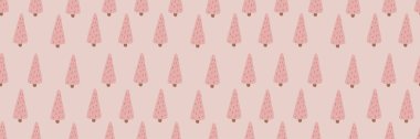 Pembe modern Noel ağacı pürüzsüz desenli süs. Yeni yılda Noel ağaçları şenlikli bir arka plan çizdi. Soyut karalama ahşap desen. Düz biçimde renkli şirin vektör illüstrasyonu.