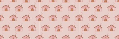 Sevgi ve kalpten oluşan şirin bir evi olan kusursuz bir şablon, Sevgililer Günü, düz tasarım şablonu, pembe ev vektör çizimi