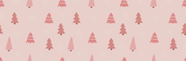 Pembe modern Noel ağacı pürüzsüz desenli süs. Yeni yılda Noel ağaçları şenlikli bir arka plan çizdi. Soyut karalama ahşap desen. Düz biçimde renkli şirin vektör illüstrasyonu.