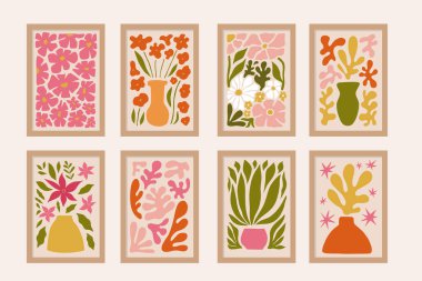 Soyut çiçek posteri. Vahşi çiçeklerle süslü, modaya uygun botanik duvar sanatı ve hippi tarzında yapraklar. Modern naif, modaya uygun iç dekorasyon, tablolar. Renkli düz vektör illüstrasyonu