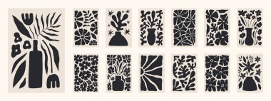 Soyut moda çiçekli posterler. Modern trend Matisse minimal tarzı. Siyah ve bej renkler. Duvar kağıdı, duvar dekoru, baskı, kartpostal, kapaklar, şablonlar, afişler için el çizimi tasarımı.