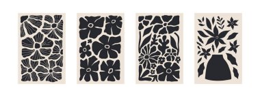 Soyut Matisse Çiçek Posterleri. Modern Botanik Arkaplan Çağdaş Minimum Biçimli. Tişörtler, duvar kağıtları, dava telefonları için bej ve siyah renkli modaya uygun vektör illüstrasyonu