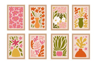 Soyut çiçek posterleri şablonu. Modern trend Matisse minimal tarzı. Sarı ve kırmızı renkler. Duvar kağıtları, posterler, baskılar, kartpostallar, kapaklar, şablonlar ve afişler için el çizimi tasarımı.