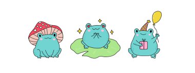 Tatlı çizgi film kurbağaları. Kawaii kurbağa sürüsü. Yavru hayvan etiketleri. Mantar şapkalı bir kurbağa, bir nilüfer çiçeği, ve bir hediye ve balon tutuyor. Çizgi filmdeki çocuksu düz karakterler. Beyaz bir resimde düz çizim