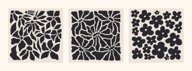 Soyut moda çiçekli kare posterler. Modern trend Matisse minimal tarzı. Duvar kağıdı, duvar dekoru, baskı, kartpostallar, kapaklar, şablonlar, afişler için el yapımı retro tasarım. Siyah ve bej renkler