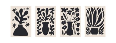 Soyut Matisse Çiçek Posterleri. Modern Botanik Arkaplan Çağdaş Minimum Biçimli. Tişörtler, duvar kağıtları, dava telefonları için bej ve siyah renkli modaya uygun vektör illüstrasyonu