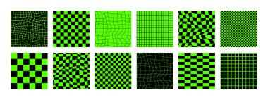 Psikedelik asit geçmişi. Gerçeküstü modern geometrik şekiller, soyut baskı ve kareli desenler. Y2K 'nın modaya uygun arka planı, 90' lar. Dalgalı dama tahtası. Yeşil ve siyah renkler