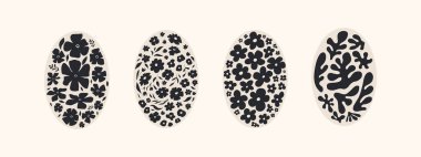 Soyut moda çiçekli posterler. Modern trend Matisse minimal tarzı. Duvar kağıdı, duvar dekoru, baskı, kartpostal, kapak, şablon, pankart için el çizimi oval şekil tasarımı. Siyah ve bej renkler