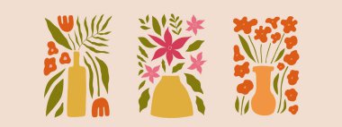 Soyut çiçek posterleri seti. Çiçek desenli, sıcak pastel renklerde moda botanik duvar sanatları. Modern naif, modaya uygun iç dekorasyon, tablolar. Vektör retro sanat illüstrasyonu.