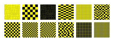 Psikedelik asit geçmişi. Gerçeküstü modern geometrik şekiller, soyut baskı ve kareli desenler. Y2K 'nin modaya uygun arka planı, 90' lar. Dalgalı dama tahtası. Sarı ve siyah renkler