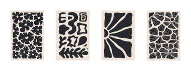 Soyut Matisse Çiçek Posterleri. Modern Botanik Arkaplan Çağdaş Minimum Biçimli. Tişörtler, duvar kağıtları, dava telefonları için bej ve siyah renkli modaya uygun vektör illüstrasyonu