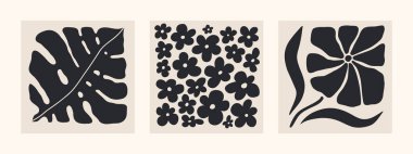 Soyut moda çiçekli kare posterler. Modern trend Matisse minimal tarzı. Duvar kağıdı, duvar dekoru, baskı, kartpostallar, kapaklar, şablonlar, afişler için el yapımı retro tasarım. Siyah ve bej renkler