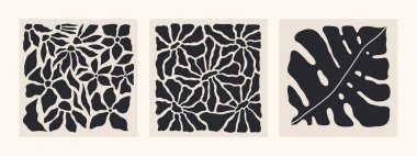 Soyut moda çiçekli kare posterler. Modern trend Matisse minimal tarzı. Duvar kağıdı, duvar dekoru, baskı, kartpostallar, kapaklar, şablonlar, afişler için el yapımı retro tasarım. Siyah ve bej renkler