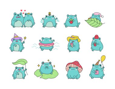 Tatlı çizgi film kurbağaları. Kawaii kurbağa sürüsü. Yavru hayvanlar çocuksu çıkartmalar ve parmak izleri için bir araya gelirler. Çocuklar için çizgi film karakterleri. Beyaz arkaplanda düz çocuksu çizimler