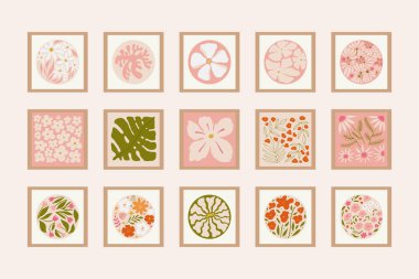 Soyut çiçek posterleri. Vahşi çiçek bitkileriyle moda botanik duvar sanatı, hippi tarzında yapraklar. Modern naif, modaya uygun iç dekorasyon ve tablolar..