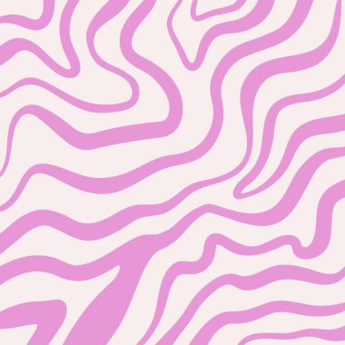 Harika Dalgalar Arkaplanı. 1970 'lerde Tekstil, Ambalaj Kağıdı, Web Tasarımı ve Sosyal Medya için Psikedelik Soyut Dalga Eğrisi Vektör Deseni. Leylak rengi