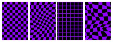 Havalı hippi 70 'lerin arka planı hazır. Dama tahtası, satranç tahtası, ağ, dalgalar, girdap, dönme deseni. Eski moda psikedelik tarzında çarpık ve çarpık vektör dokusu.