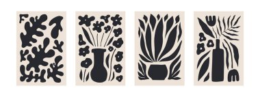 Soyut moda çiçekli posterler. Modern trend Matisse minimal tarzı. Siyah ve bej renkler. Duvar kağıdı, duvar dekoru, baskı, kartpostal, kapaklar, şablonlar, afişler için el çizimi tasarımı.