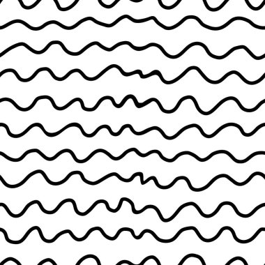 Küçük çizgiler, pürüzsüz desen. Dalgalı el çizgileri olan soyut siyah beyaz arkaplan. Minimalist organik doku, ambalaj, kumaş baskıları ve modern dekor için harika. Vektör illüstrasyonu
