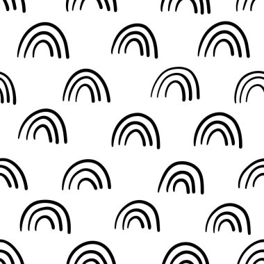 Küçük çizgiler, pürüzsüz desen. El çizimi gökkuşağı şekilli soyut siyah beyaz arka plan. Minimalist mizah, ambalaj, kumaş baskıları ve modern dekorasyon için harika. Vektör illüstrasyonu