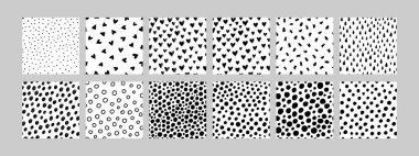 Siyah ve beyaz karalama kalıpları ayarlandı. Noktalar, kalpler, yağmur damlaları ve daireler olan el çizimi arka planlar. Minimalist ve modern vektör tasarımı, kumaşlar, duvar kağıtları, yaratıcı projeler için mükemmel.